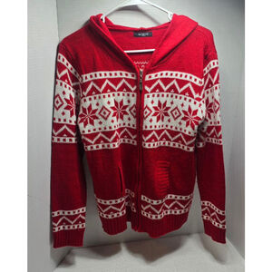 Women's GIBIU Red & White Fair Isle Hooded Cardigan Sweater S